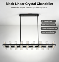 Lustre linéaire moderne noir à hauteur réglable, 36 lumières, luminaire suspendu rectangulaire, abat-jour en verre cristal transparent, structure métallique, LED