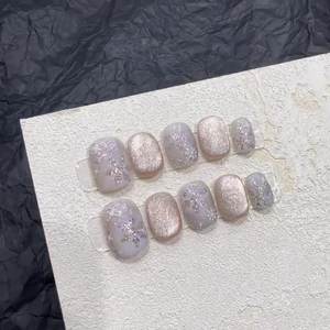 Fait <span class=keywords><strong>à</strong></span> la main court 3D Ombre oeil de chat couleur argentée ongles français Art Design ABS presse-sur acrylique <span class=keywords><strong>manucure</strong></span> pour les doigts - Product Image 3