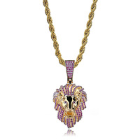 Collier Tête de Lion Plaqué Or avec Zircon Cubique, Chaîne Corde, Breloque Bling, Cadeau pour Homme, Bijou de Fête et de Rue