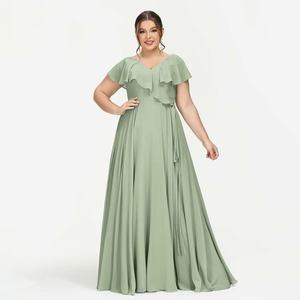 Robe de Demoiselle d'Honneur Longue en Chiffon Grande Taille Personnalisée avec Manches Volantées et Plissées – Vente en Gros - Product Image 1