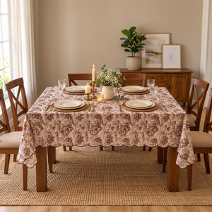 Mantel de Lino Premium con Estampado Toile Marrón Vintage y Borde Festoneado – Elegante Cubierta Decorativa para Mesa de Comedor para el Hogar, Restaurante - Product Image 2