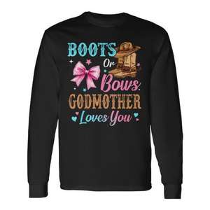 Camiseta de manga larga con estampado de botas o lazos, 'Godmother Loves You', para revelación de género familiar - Product Image 1