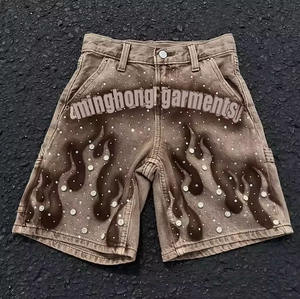Short en jean imprimé délavé vintage Streetwear personnalisé avec strass intégral - Product Image 4