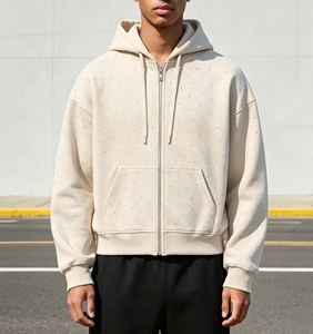Sudadera con capucha y cremallera extragrande para hombre, de felpa francesa 100% algodón, con pedrería, informal, para otoño - Product Image 1