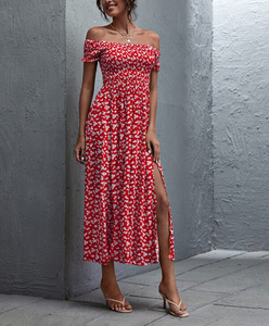 Commercio all'ingrosso di Primavera Estate Al Largo Della Spalla Stampa Floreale Arricciato <span class=keywords><strong>Vestito</strong></span> Da Boho Manica Corta 100% Rayon Delle Donne Del <span class=keywords><strong>Vestito</strong></span> Lungo - Product Image 5