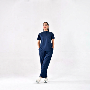 Blue <b>Women</b> Medical Scrub Suit Set <b>Short</b> Sleeve Zip Stand Collar Top with Matching Pockets Workwear <b>Trousers</b> - Product Image 1