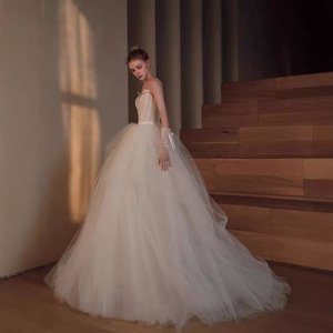 Wedding Dress Ball Gown Ivory White Tulle Sweetheart Neckline Natural Waist Straps Vintage Style Long Train - Product Image 2