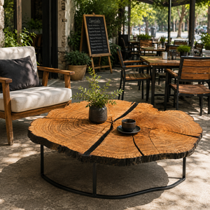 Mesa de Centro Redonda de Madera Maciza con Borde Natural y Base de Acero, Mueble de Sala de Estar de Lujo Contemporáneo - Product Image 1