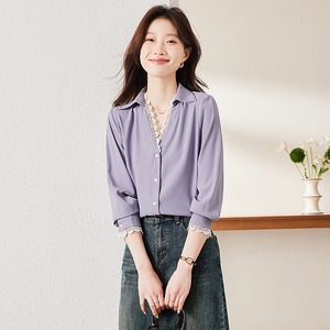 Purple V-Neck Blouse With Lace Trim Chiffon Shirt For Women Spring Summer Fashion Vintage Style Everyday Wear - Product Image 1