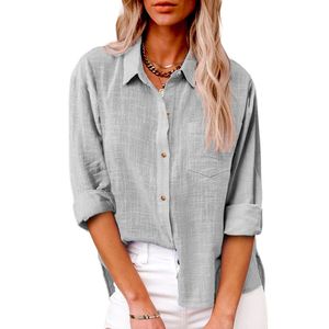 秋のポケット分割長袖女性のコットンと麻のシャツ - Product Image 6