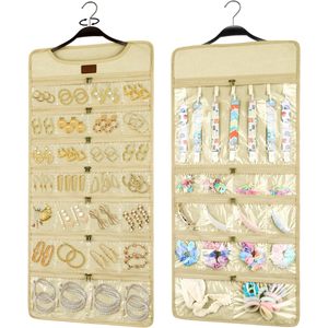 Hanging Jewelry Organizer Canvas Double Sided With Zippered Pockets For Earring Necklace Ring Storage Women Vintage Style - Product Image 1