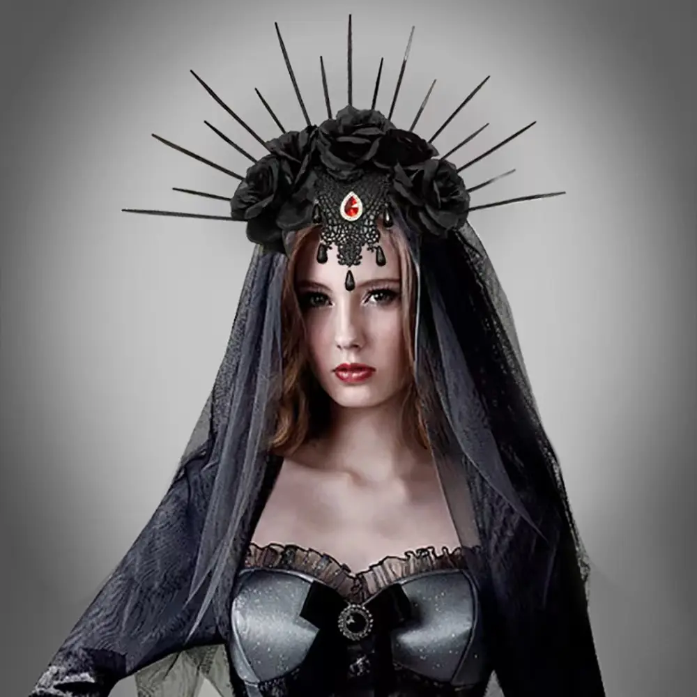 Gotik çiçek kafa cadılar bayramı saç çember kafa cosplay dekorasyon aksesuarları cadılar bayramı siyah peçe kafa bandı