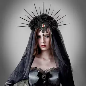 Tiara de cabelo de Halloween com flor gótica, acessório de decoração cosplay, véu preto para Halloween