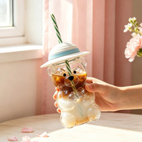 Gobelet à eau en verre 3D créatif en forme d'ours avec couvercle en silicone et paille réutilisable, pour café et boissons, idéal pour la maison, les fêtes et comme cadeau