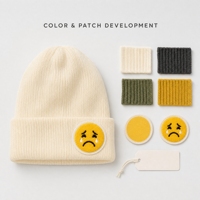 Crying Face Patch Rib-Knit Cuffed Beanie Ivory White Casual Street Hat