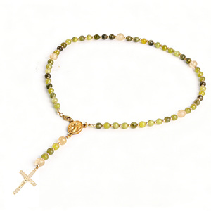 Collar de Rosario de Piedra Natural con Medalla de la Virgen María en Cobre Chapado en Oro y Cruz Colgante, Joyería Católica de Oración <span class=keywords><strong>para</strong></span> <span class=keywords><strong>Mujer</strong></span> - Product Image 1