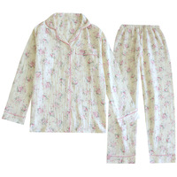 Femmes nouveau automne Floral Satin pyjamas grande taille Homewear ensemble Double couche taille élastique à manches longues coton sans rides avant