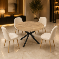 Table ronde durable avec plateau en bois anti-rayures et base en métal robuste en forme de X, acceptant les personnalisations dans n'importe quel style, couleur et matériau.