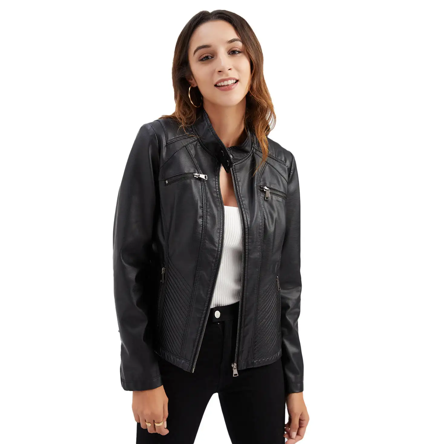 Chaqueta de cuero informal para mujer con cuello de pie Chaqueta ajustada Chaqueta universitaria de color sólido para mujer