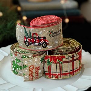 Rubans de Noël en lin à bordure filaire, imprimés personnalisés avec Père Noël, flocons de neige et voitures, pour sapins de Noël - Product Image 5