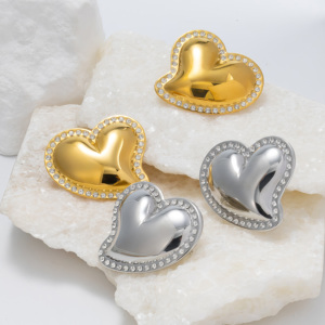 <b>Heart</b> Stainless Steel <b>Gold</b> <b>Earrings</b> with Crystal Inlay-Bold Statement Stud <b>Earrings</b> for Women Party Luxury Chic - Product Image 3