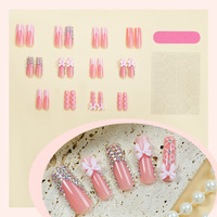 24 faux ongles roses en amande à presser, motif papillon ABS, couvrance totale, avec colle