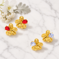 Anting-anting bunga berlapis emas 18k dari baja tahan karat dengan kristal potongan pir, antialergi, perhiasan modis untuk wanita, cocok untuk pemakaian sehari-hari