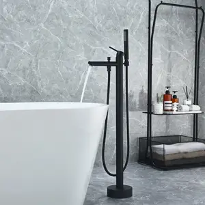 Factory Price Floor Standing Free Brass Bathtub Faucet Set Bathroom Brass Black Tub Faucet With Hand Shower