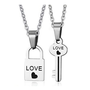 Love Lock Key <b>Couple</b> <b>Necklace</b> Set Silver Tone Themed Pendants For Daily Wear Gift - Product Image 4