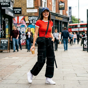Bulk Manufacturing Unisex Outfit Set Featuring Short-sleeved Red T-shirt <b>White</b> Trim Black <b>Cargo</b> Pants. Low MOQ. Motorhead Supply - Product Image 1