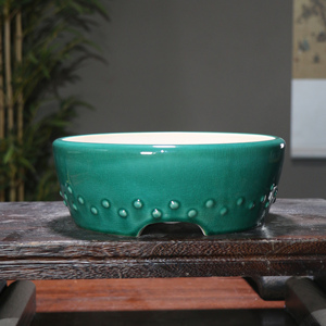 Maceta de Cerámica con Forma de Tambor Inspirada en el Zen, Maceta Redonda de Estilo Chino Clásico para Escritorio, Esmalte Verde - Product Image 1