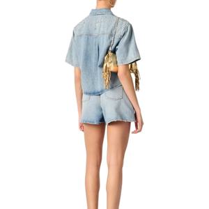 Nuevo Conjunto de Mujer de Alta Calidad: Camisa Vaquera con Botones y Top con Pedrería, Minishorts con Pedrería en Línea A, Lavado Desgastado - Product Image 1