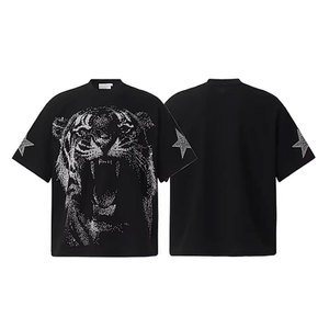 Camiseta de Manga Corta para Hombre, Estilo Urbano, 230g, Tejido Combinado, Estilo Vintage Hip Hop Oscuro, Diseño Rey León con Pedrería, Detalle de Estrella - Product Image 2
