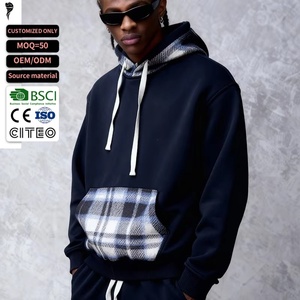 <b>Men</b> <b>Navy</b> Plaid Patchwork Hoodie Contrast Flannel Check Pocket Hooded Sweatshirt Streetwear Custom <b>Mens</b> Pullover Hoody - Product Image 1