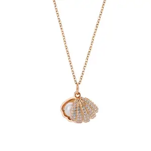 Gioielli alla moda collana con ciondolo a forma di conchiglia in argento sterling 925 con zirconi cubici placcati in oro rosa joyeria de plata