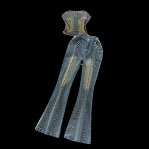 Conjunto de 2 Piezas Tejido con Cuentas Estilo Y2K para Mujer, Top de Manga Larga y Pantalones Vaqueros de Corte Regular, Venta al Por Mayor - Product Image 5