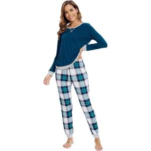 Ensemble de pyjama pour femmes en gros – Haut à col rond et manches longues, pantalon de yoga à carreaux, vêtements de nuit doux et confortables, du S au XXL - Product Image 1