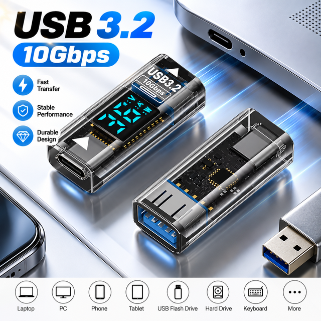 USB 3.2 Type C Female to USB a Female Adapter Bi-Directional USB C Converter with Digital Display for Data Charging