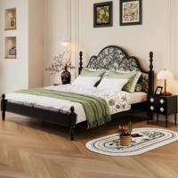 Französisches Retro-Polsterbett im europäischen Stil, bedruckt, Plattformbett, cremefarben, Mid-Century, Massivholz, elegantes großes Hochzeitsbett für das Hauptschlafzimmer