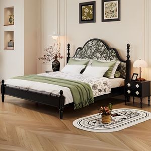 Lit plateforme imprimé européen rembourré de style rétro <span class=keywords><strong>français</strong></span> Crème Bois massif du milieu du siècle Élégant Chambre principale Grand lit de mariage - Product Image 4