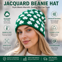 Bonnet en jacquard vert personnalisé avec logo, style trèfle, doux et extensible, sans revers, style irlandais, décontracté, streetwear, pour la plage et l'hiver