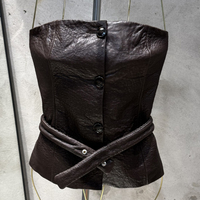 Top Corset Boutonné à Simple Boutonnage en Véritable Peau de Mouton, Gilet Tube en Daim pour Femme