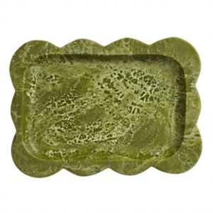 Vintage Style Resin Serving <b>Tray</b> <b>Mirror</b> Polished Olive Green Marble Pattern Scalloped Edge Dinnerware Kitchen Serverware <b>Tray</b> - Product Image 1