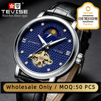 Montre automatique mécanique tourbillon TEVISE, montre de luxe pour homme avec bracelet en cuir, étanche