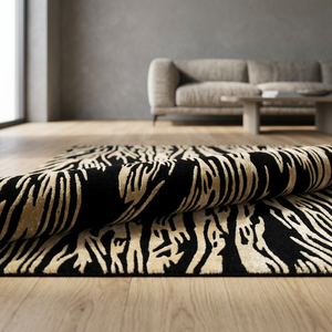 Modern Animal Print Plush Area <b>Rug</b> Rectangle Non-Slip Latex Backing <b>Rug</b> <b>Black</b> and Cream Tufted Design - Product Image 2