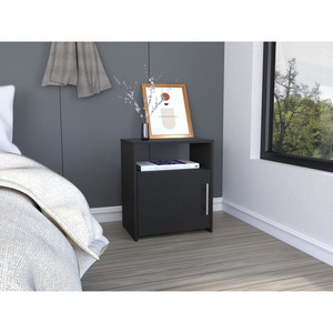 Nordico Nightstand One <b>Shelf</b> Single Door Cabinet Metal Handle Black Storage <b>Unit</b> Bedroom Furniture - Product Image 1