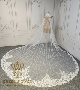 QUEENS GOWN Gorgeous Lace Applique Cathedral <strong>Veil</strong> <strong>Sparkling</strong> Ivory Beaded One-layer Wedding <strong>Veil</strong> with Lace Edge - Product Image 2