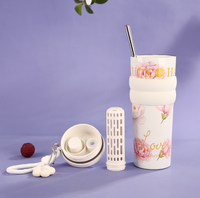 Tumbler Kopi Keramik Lapis Baja Tahan Karat 316 Estetika Tinggi 710ml Grosir, Dilengkapi Sedotan dan Tali, Terisolasi untuk Wanita