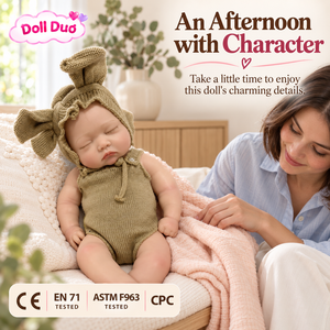 DollDuo Custom 13 inch Silicone Reborn Baby Doll Sleeping Pout Khaki <b>Bunny</b> <b>Outfit</b> Lifelike Hand Painted Halloween Gift for Kids - Product Image 3