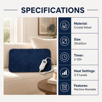 Coussin chauffant électrique bleu marine pour le marché européen, 30x60cm, 9 niveaux de température, arrêt automatique 12h, emballage personnalisé